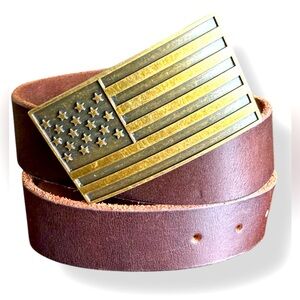 American Flag USA Buckle Genuine Full Grain Leather Belt Brass Metal Men’s 40.5”